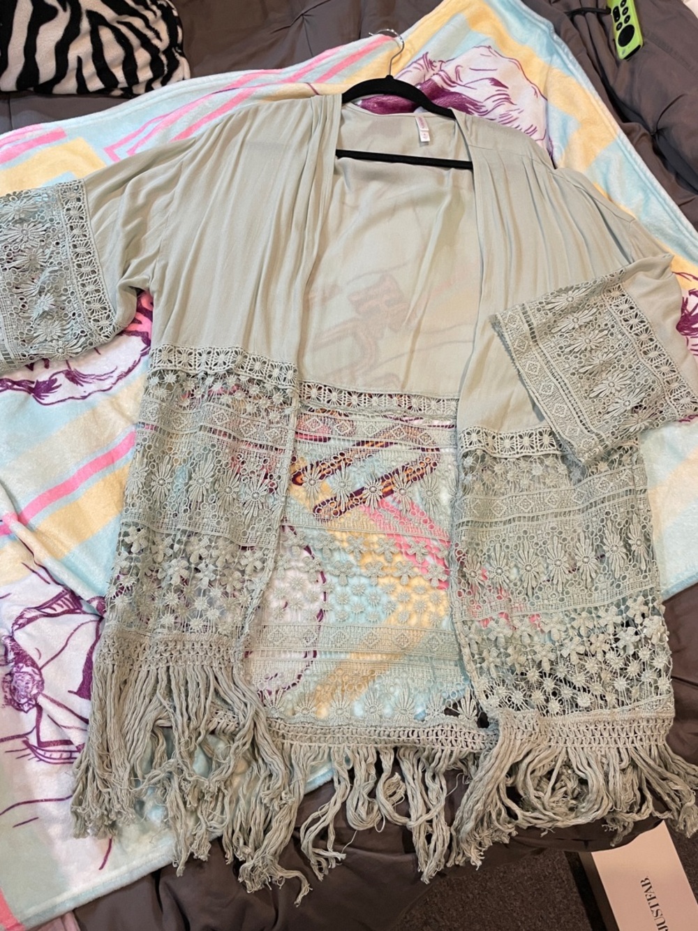 Xhilaration Sage Crochet Fringe Open-Front Kimono